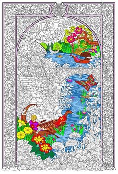 a coloring book page with an image of ducks in the water and flowers around it