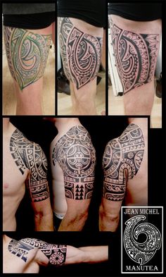 some tattoos on the back of a man's arm and leg, all with different designs