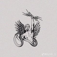 a drawing of an angel holding a snake on top of it's back with the word