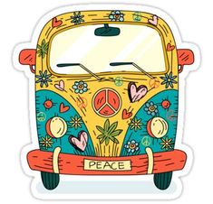 a yellow and blue vw bus with peace on it