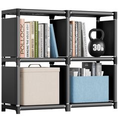 a bookshelf filled with lots of books next to a black kettle and some folders