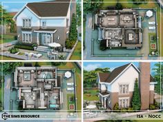 four different views of a house from above and below, including the first floor plan