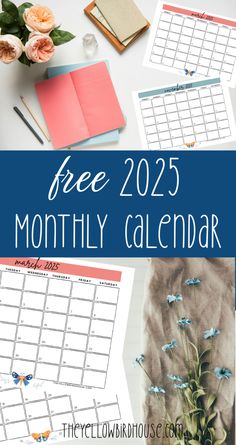 the free printable month planner is shown with flowers and notebooks in front of it