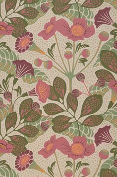 a floral wallpaper with pink flowers and green leaves on a beige groundcloth background