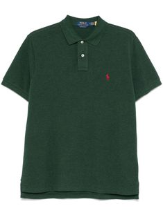 dark green cotton piqué weave signature Polo Pony motif front button placket polo collar short sleeves short side slits straight hem Green Collared Casual Polo Shirt, Casual Green Collared Polo Shirt, Green Short Sleeve Casual Polo Shirt, Green Fitted Classic Polo Shirt, Green Cotton Short Sleeve Polo Shirt, Green Fitted Short Sleeve Polo Shirt, Fitted Green Short Sleeve Polo Shirt, Green Collared Cotton Polo Shirt, Green Cotton Collared Polo Shirt