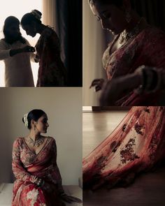 the woman is sitting on the floor in her red sari and looking at herself