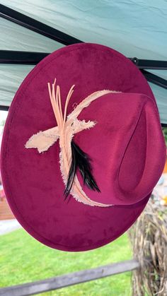 Burgundy suede fedora hat with black feather and pink band Black Feathers, Holiday Deals, Fedora Hat, Fedora, Caps Hats, Accessories Hats, Accessory Gift, Pet Supplies, Electronic Accessories