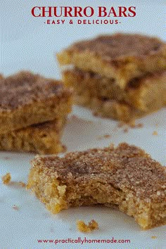 four pieces of food sitting on top of a white plate with the words churro bars easy and delicious