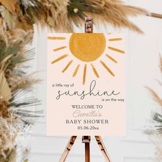 an easel with a sign on it that says welcome to baby shower and sun shines