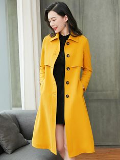 Custom Single Breasted Button Yellow Trench Coat Vivian Seven Yellow Coat Outfit, Yellow Trench Coat, Coat Tails, Wardrobe For Women, Clothing Studio, Long Rain Coat, Trench Coat Outfit, Beige Trench Coat, Yellow Coat