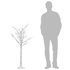 a man standing next to a tree with no leaves on it and the image is black and white