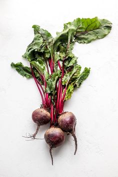 radishes with green leaves and red stems on a white surface, top view