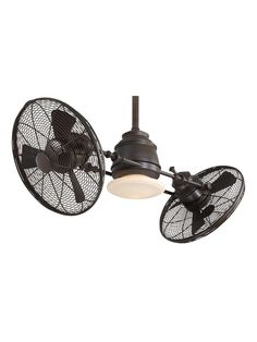 a ceiling fan with a light hanging from it's side and two blades attached to the