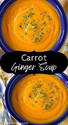 two blue bowls filled with carrot ginger soup