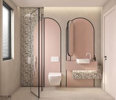 a bathroom with pink walls and flooring next to a toilet, sink and mirror