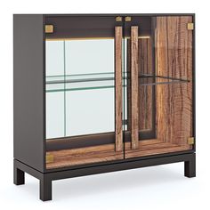 a wooden cabinet with glass doors and metal handles