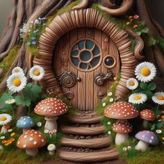 a mushroom house with flowers and mushrooms around it