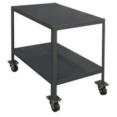 a black table with wheels and a shelf on the bottom that has two shelves underneath it