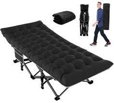 a man walking past a black bed with wheels and footrests next to it