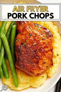 the cover of air fryer pork chops with mashed potatoes and green beans