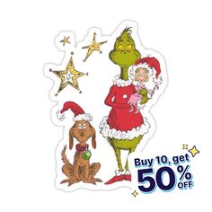 a sticker with an image of a woman in santa's outfit next to a dog