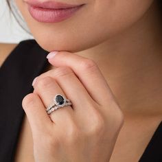 Oval Lab-Created Black Sapphire and 1/5 CT. T.W. Diamond Frame Vintage-Style Bridal Set in 10K White Gold | Engagement Rings | Wedding | Zales Black Sapphire Ring, Gold Book, Diamond Frame, Round Frames, Black Sapphire, White Gold Engagement Rings, Sapphire Stone, Rings Wedding, Bridal Set