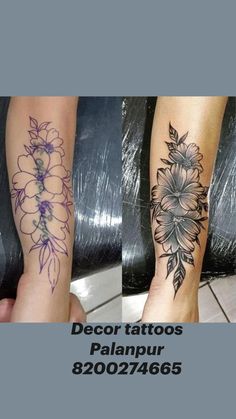 two tattoos on both legs with flowers and leaves