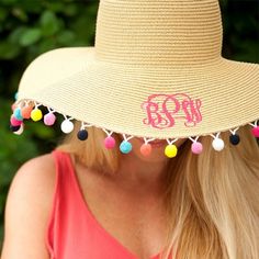 Natural color straw sun hat with fun multicolor pom poms around the edge that can be personalized. Personalized Trendy Summer Hats, Pink Personalized Summer Hat, Personalized Pink Summer Hat, Floppy Straw Hat, Floppy Hats, Straw Sun Hat, Mint And Navy, Hand Crochet Baby Blanket, Easter Bunny Decorations