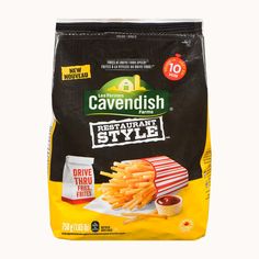 a bag of cavendish restaurant style french fries with ketchup and mustard