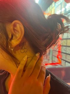 Korean Idol Tattoo, Cute Tiny Tattoo Placement, Cherry Neck Tattoo, Cherry Behind Ear Tattoo, Cherry Tattoo Behind Ear, Little Cherry Tattoo, Cherry Bow Tattoo, Cherry Tattoo Placement