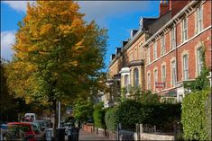 a street lined with tall brick buildings next to trees