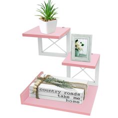 two pink shelves with books and a potted plant on one shelf that says country roads take home