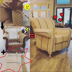 a collage of photos with different furniture and decor items in the same room, including an ice cream chair