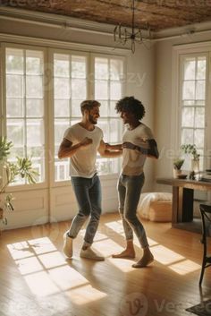 Playful young couple dancing and having fun at the domestic kitchen, Generative AI