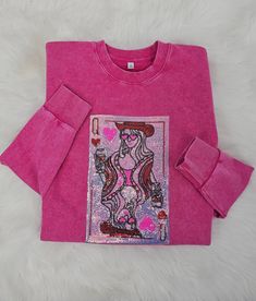 Acid Washed Relaxed Fit Crewneck sweatshirts! True to Size. 100% cotton.  Machine wash on cold,NO bleach, hang to dry, do not dry clean. Patch Crewneck, Sequin Patch, Playing Card, Queen Of Hearts, Crewneck Sweater, Crew Neck Sweater, Crewneck Sweatshirt, Gender Neutral, Crew Neck Sweatshirt