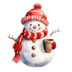 a watercolor painting of a snowman holding a cup