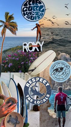 a collage of photos with surfboards and people