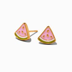 Claire's 18k Gold Plated Watermelon Stud Earrings Funky Earring Studs, Claires Earrings Claire's, Cute Earrings For Kids, Playful Nickel-free Dangle Jewelry, Gold Dangle Fun Jewelry, Fun Gold Dangle Jewelry, Trendy Adjustable Yellow Gold Earrings, Fun Gold Summer Jewelry, Fun Gold Jewelry For Summer