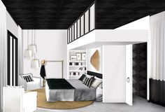 an artist's rendering of a bedroom with black and white decor