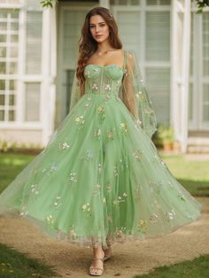 A-line Timeless Sweetheart Long Sleeves Lace Corset Tea-Length Dress With Flower Glamlora Embroidery Prom Dress, Tulle Puff Sleeves, Meadow Dress, Floral Prom Dress, Corset Prom Dress, Embroidered Corset, Tea Length Tulle, Multicolor Flowers, Prom 2023