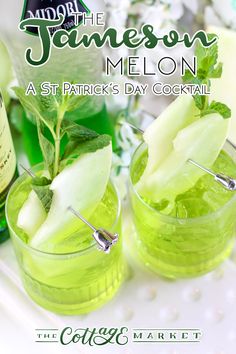 two glasses filled with green drinks next to each other on a white tray and the title reads, adopt the jamesonon melon as st patrick's day cocktail