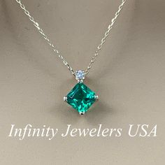 "The pendant pictured is lab created emerald and diamond #6499 -Approximate total carat weight: approx. 1.23ctw diamond equivalent -Center Stone Size: 6x6mm - approx. 1.20ct diamond equivalent -Center Stone Shape: square radiant -Gem Type: lab created emerald -Stone Clarity: VS2 -Stone Color: green -Moh's Scale: 8.5 hardness -Accent Stone Size: 1 round approx. 0.03ct. diamond equivalent -Gem Type: genuine diamond -Stone Clarity: SI1 -Stone Color: GH -Moh's Scale: 10 hardness -Metal Type and Puri Green Diamond Necklace For Formal Events, Formal Green Diamond Necklace For May Birthstone, Classic Green Diamond Pendant Necklace, Fine Jewelry Green Diamond Necklace With Brilliant Cut, Classic Green Pendant Diamond Necklace, Green Pendant Diamond Necklace In Classic Style, Emerald Necklace In Brilliant Cut, Fine Jewelry Emerald Necklace With Brilliant Cut, Fine Jewelry Green Emerald Necklace With Brilliant Cut