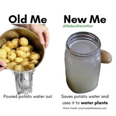 an old me and new me poster with potatoes in a bucket next to a jar of water