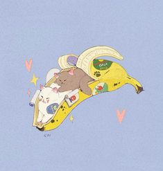 a drawing of a banana with an animal sleeping on it's side and hearts flying around