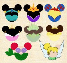 mickey mouse ears and other disney characters are shown in different colors on a beige background