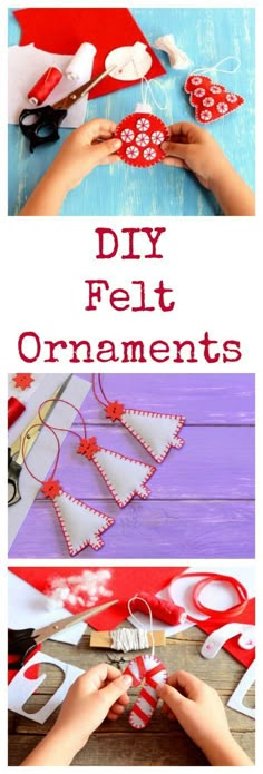 two pictures with the words diy felt ornaments on them