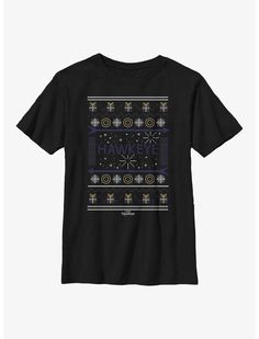 a black t - shirt with an ugly sweater on it