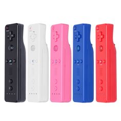 four different colors of video game controllers