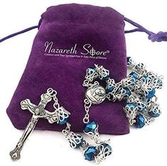 Crystal Blue Beads Rosary Necklace Handmade crystalized 6mm dark blue glass beads rosary necklace with 1.6" silver lated Jesus Cross Crucifix. Five decades rosary connected to devout 59 beads perfectly designed to hold on during daily usage. wearable for most people, easy to carry in your pocket, bag, or keep in your car or home. Cross size (H X W) : 4 x 2 cm / 1.6 x 0.9 inches, Rosary length 55 cm / 22" beads size 6.00mm, weight 0.7 oz. packed in purple gift velvet Bag. Strong and elegant Rosar Blue Crystal Beads, God Mother, Rosary Gift, Purple Gift, Jesus Cross, Rosary Necklace, Crystal Blue, Holy Land, Beads Handmade