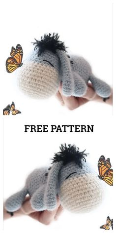 two pictures of a stuffed animal with the words free pattern on it and an image of a hand holding a stuffed animal